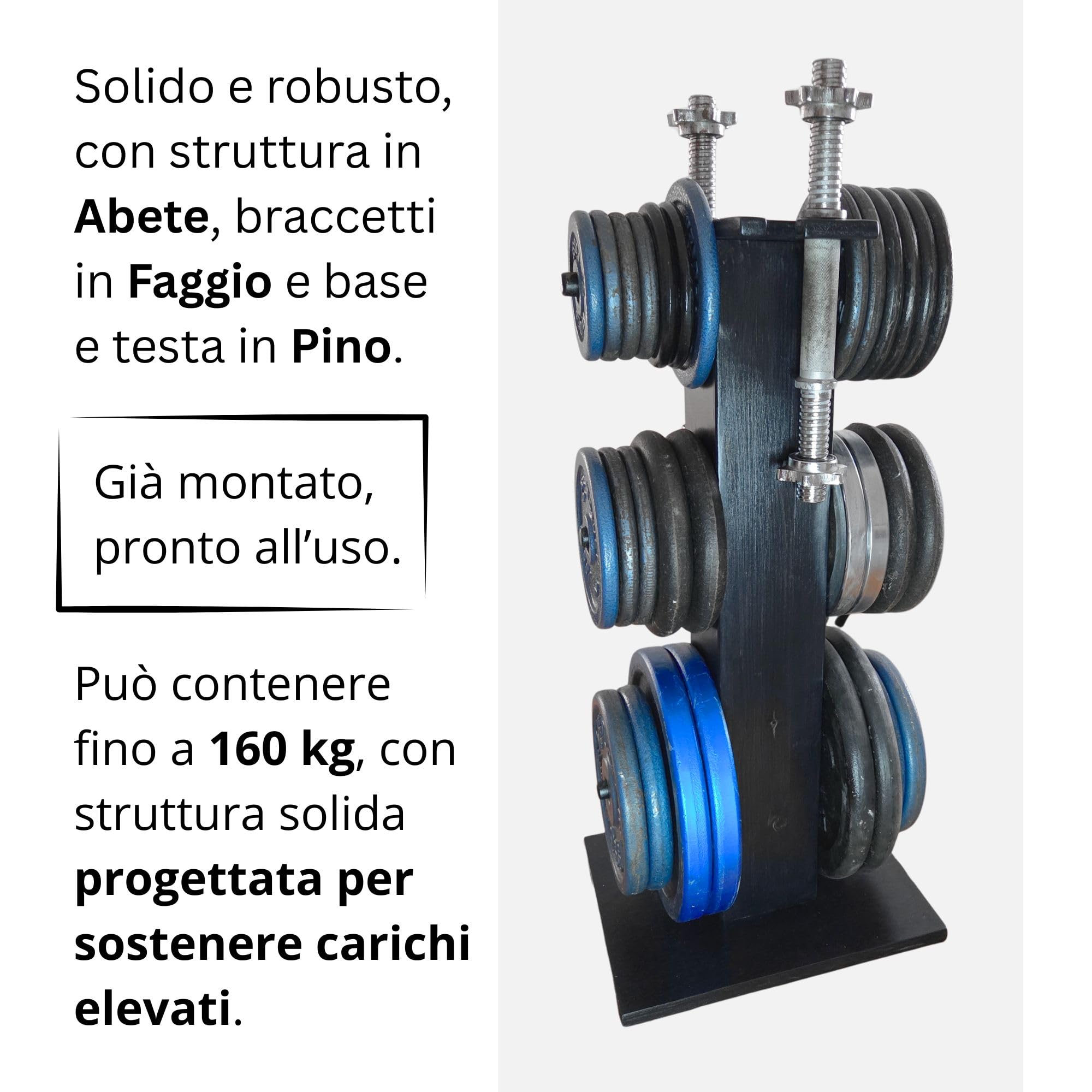 Porta Dischi Palestra Casa in LEGNO con Supporto Manubri | Porta Pesi Home Gym Compatto e Robusto | Supporto Dischi Bilanciere | Rastrelliera Pesi Arriva Già Montata | Portata 160 KG.