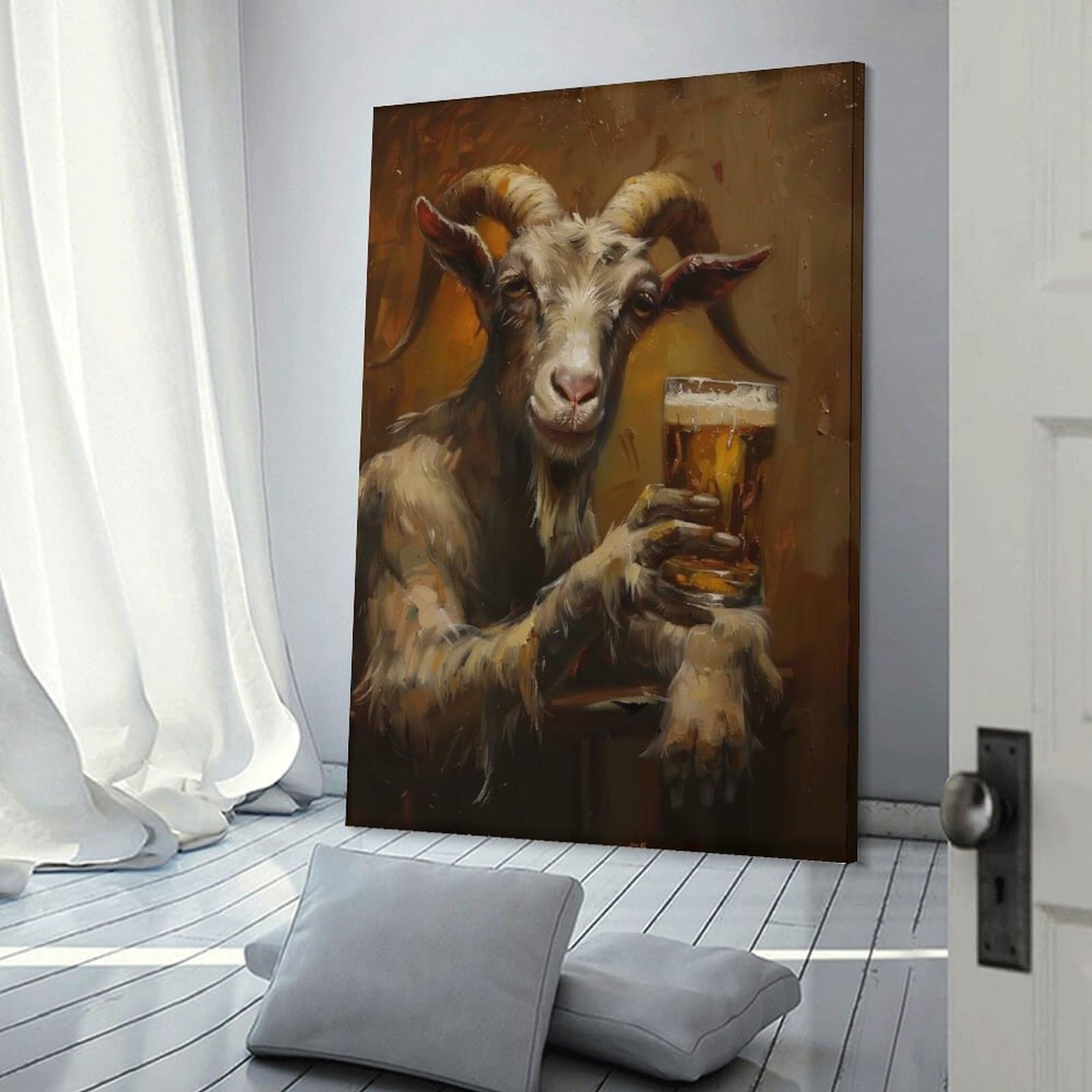 Junmoney Frame-Style-21 Decorative Wall Artwork Beer Drinking Goat, 24X36inch(60X90cm), For Contemporary Homes, Apartments Or Offices, An Easy Choice For New Home Styling