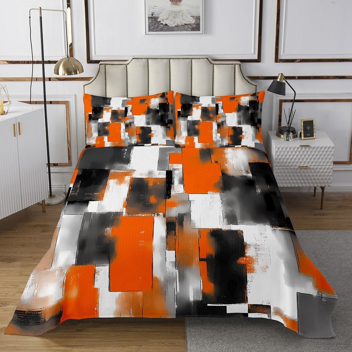 jejeloiu Orange Black Buffalo Check Bedspread Kids Queen Size Geometric Modern Abstract Art Plaid Square Coverlet Set for Boys Girls Teens Buffalo Check Quilted Coverlet Room Decor