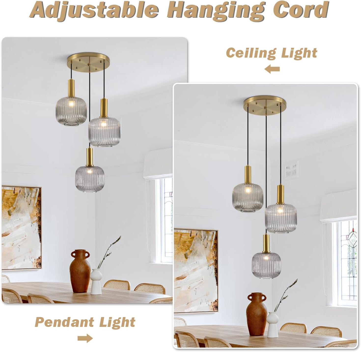 KCO Lighting Smoked Glass Chandelier 3 Lights Globe Cluster Chandelier Modern Striped Glass Pendant Lights Gold Cluster