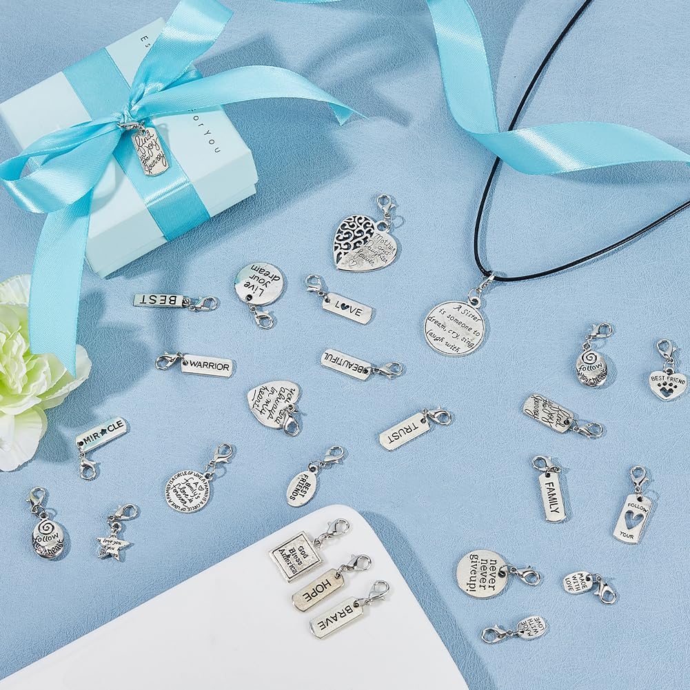 50Pcs Clip on Charm Pendants 25 Styles Antique Silver Inspiration Words Charms with Lobster Clasps Words Alloy Zipper Pendant for Bag Purse Keychain Jewelry Making DIY Crafts - Image 5
