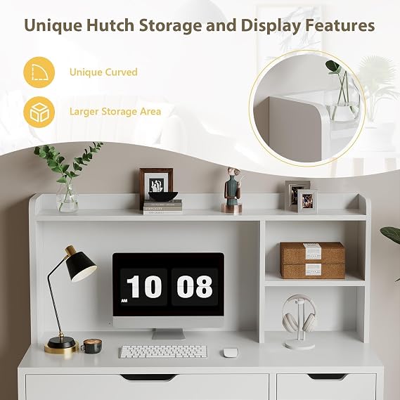 MaverickFurni 53 Inch White Desk with Hutch and 4 Drawers