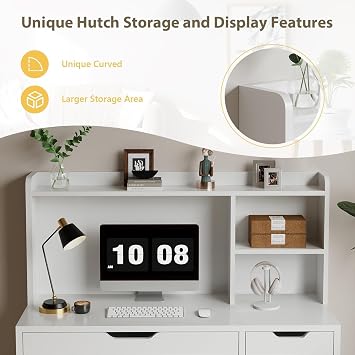 MaverickFurni 53 Inch White Desk with Hutch and 4 Drawers