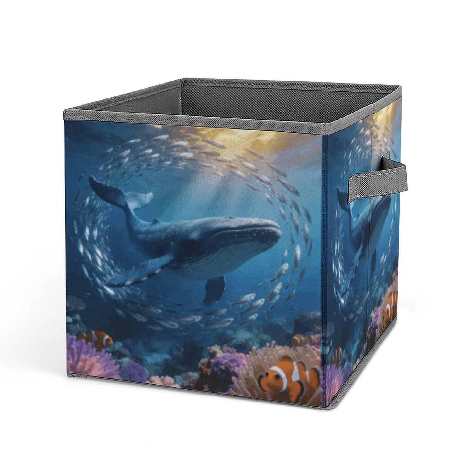 Ocean Themed Storage Baskets Collapsible, Exquisite Pattern Cube Box, Canvas Fabric Storage Bins with Handles, Clothe Organizer Box for Home Decorative Office Bedroom