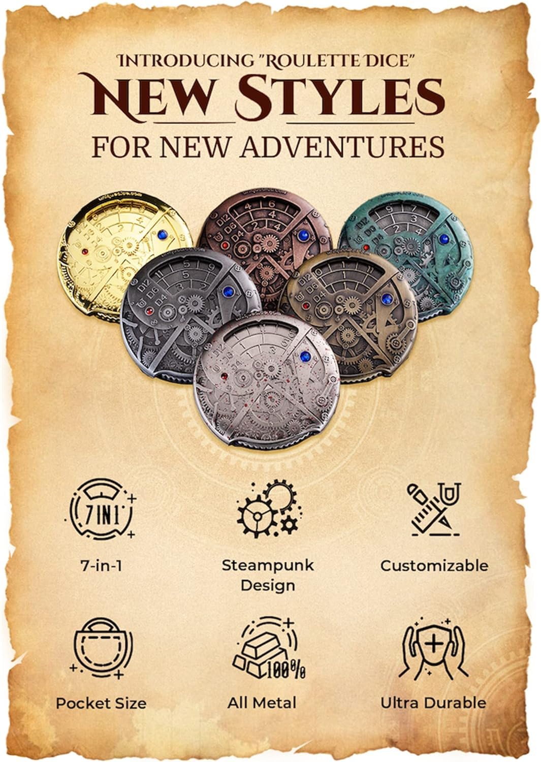 UD 7 in 1 Roulette Dungeons and Dragons Steampunk Themed Metal Dice Set for D&D Roleplaying Games (Ancient Bronze)