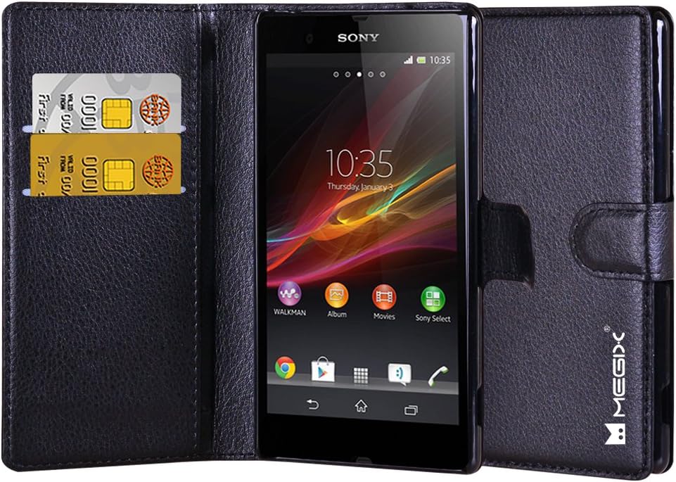 Megix Sony Z2 Case Premium Slim Leather [Wallet case][Stand Feature] and [Credit Card ID Holders] for Sony Z2 -Retail Packing(Noble Black)