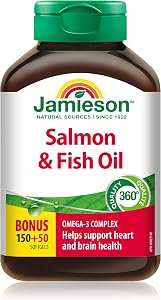 Jamieson Salmon and Fish Oil 1,000 mg Softgels, Bonus Size, Supports Heart and Brain Health. With Wild Salmon, EPA and DHA, Non-GMO, Gluten-Free, 200 Count, Proudly Canadian