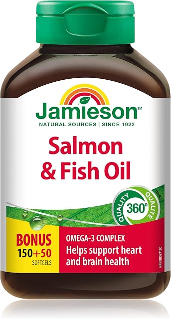 Jamieson Huile de Saumon et de Poisson 1 000 mg Gélules, Taille Bonus, Soutient la Santé Cardiaque et Cérébrale. Avec Saumon Sauvage, EPA et DHA, Non-OGM, Sans Gluten, 200 Compte, Fièrement canadien