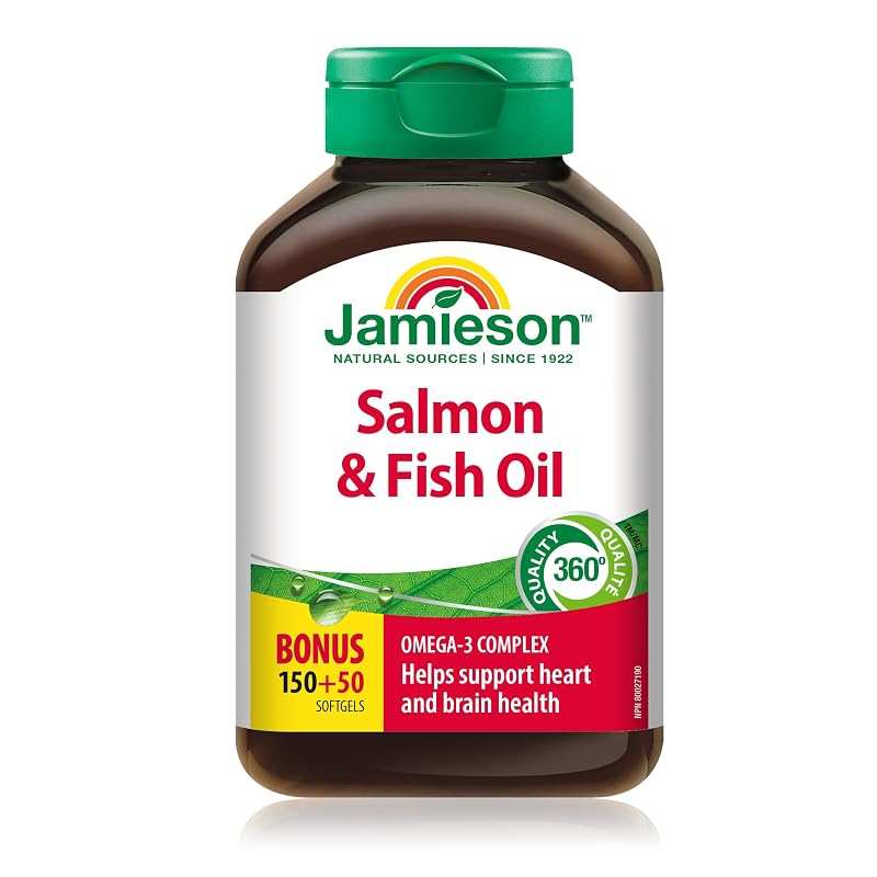 Jamieson Suplemento de Ômega-3 com óleos de salmão e peixe 1.000 mg 200 cápsulas gelatinosas