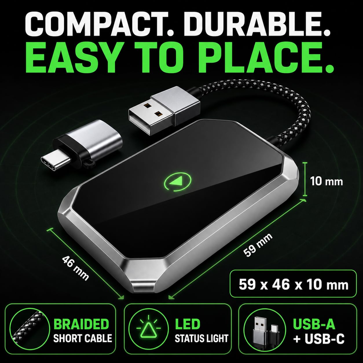 Adaptador inalámbrico 2 en 1 para CarPlay y Android Auto (actualización 2026), con cable a inalámbrico, Plug & Play para iOS 7.1+ y coches para 2015, mini USB-C/USB-A Dongle de coche
