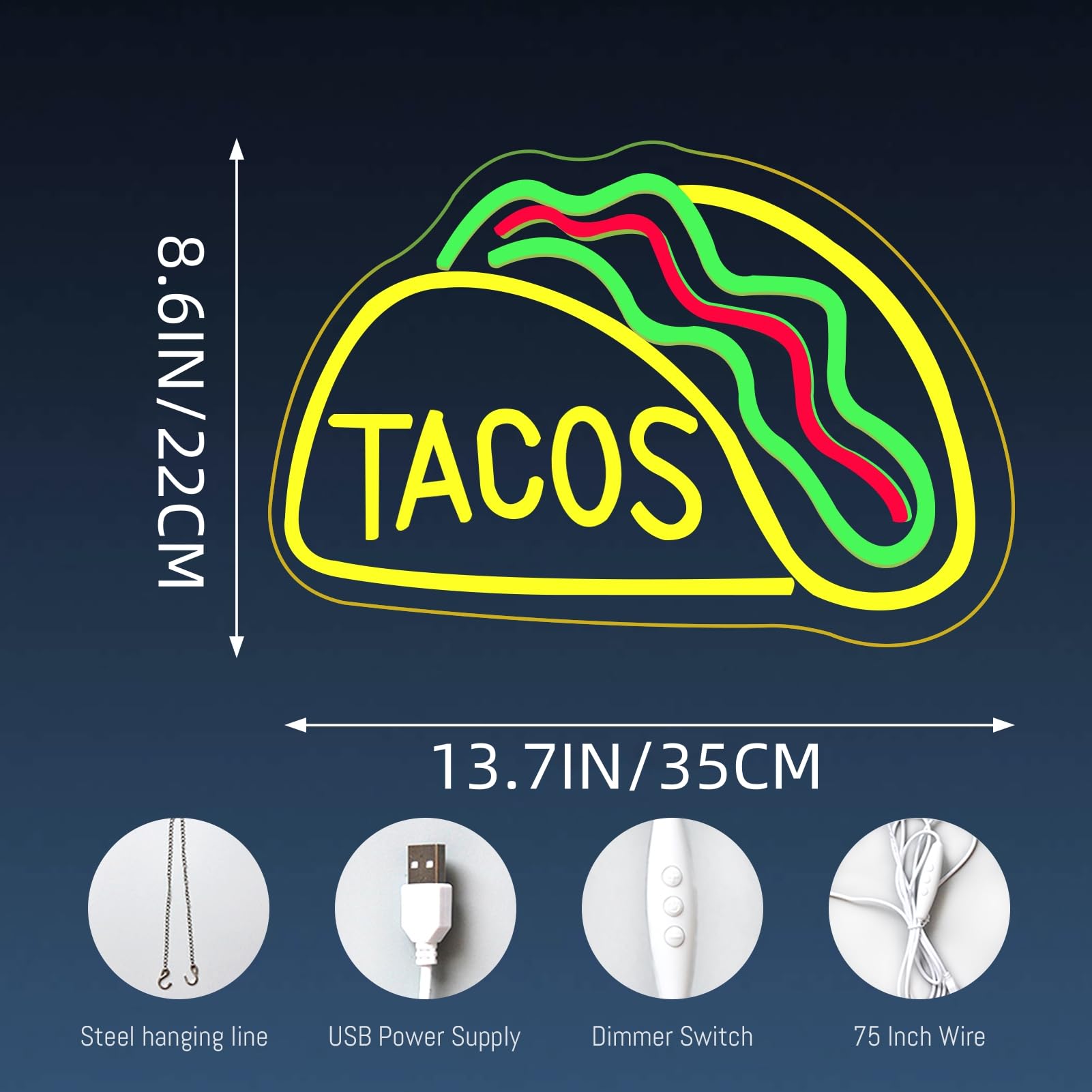 Letrero de Tacos de Neón LED Luces de Neón de Tacos para Decoración de Pared de Restaurante de Comida Mexicana Decoración de Tacos de Neón Iluminado Alimentado por USB Letreros de Neón para Bar de