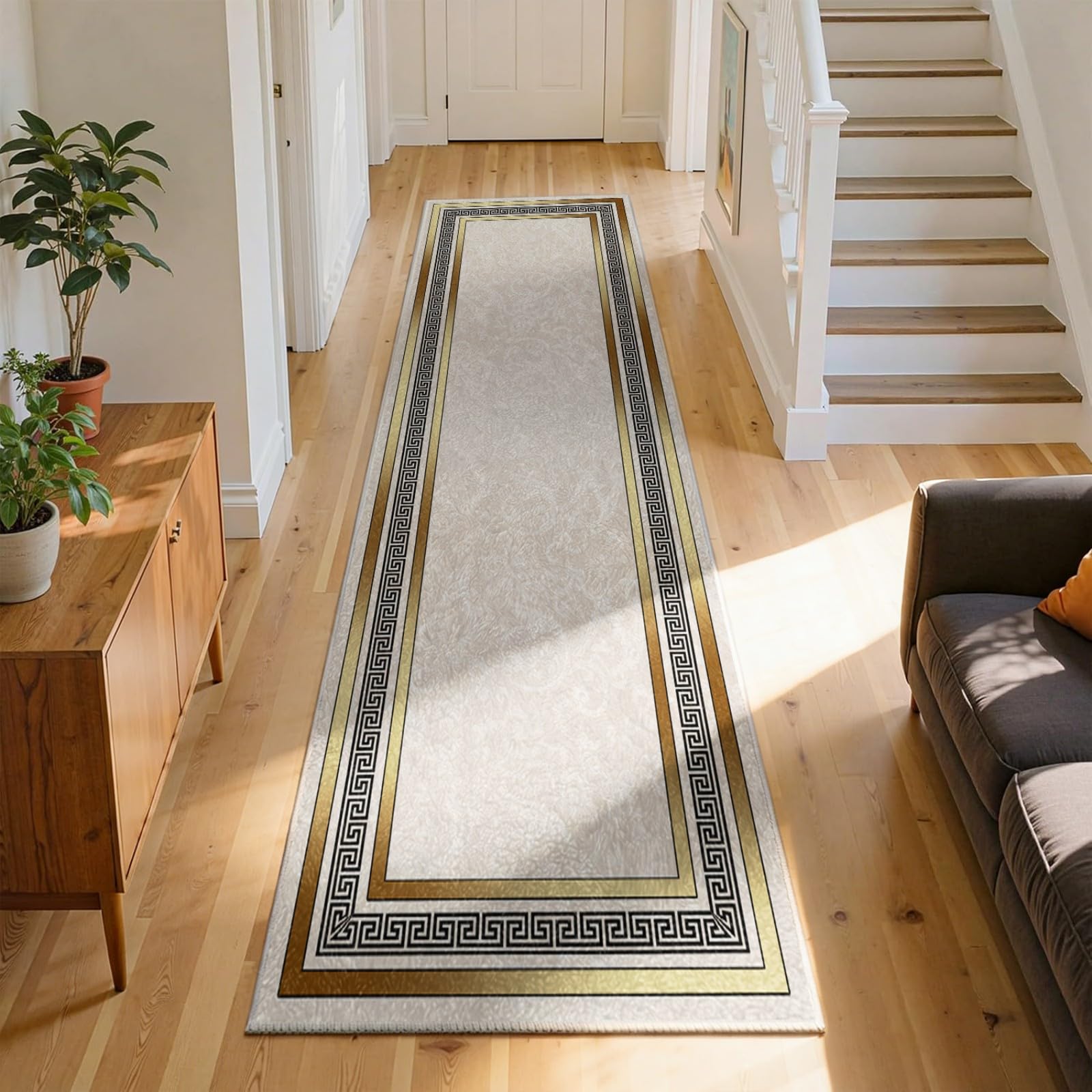 WAOTMN 80x300cm Greek Key Style Carpet Runners for Living Room Beige Runner Rugs for Hallway Non-Slip Long Washable Runner,Fade Resistant Indoor Non Shedding Pet Friendly Bedroom Carpet