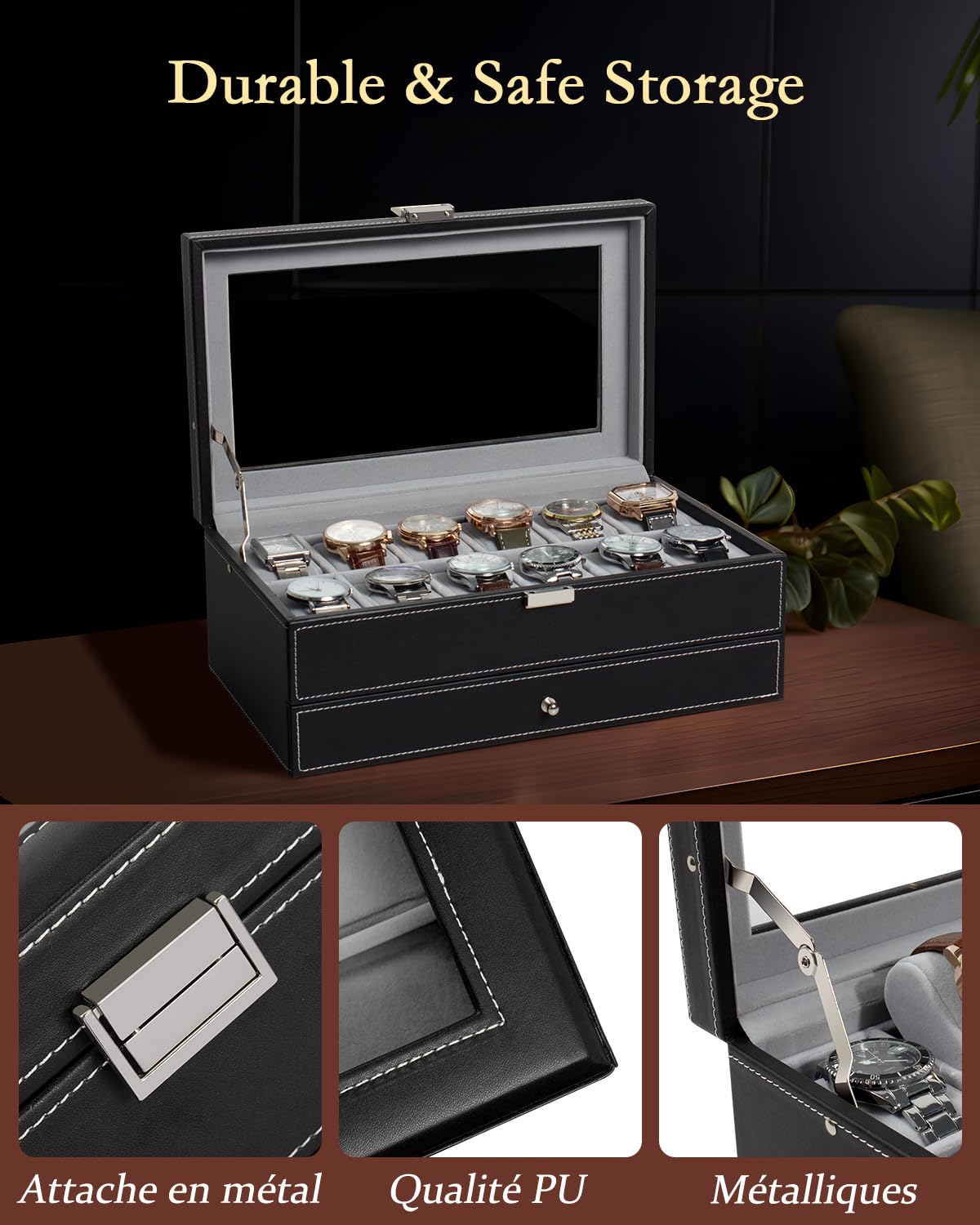 Boîte à montres à 12 emplacements pour montre pour homme avec couvercle en verre véritable, organiseur de montres en cuir synthétique avec étui à bijoux, anniversaire pour homme et femme, noir