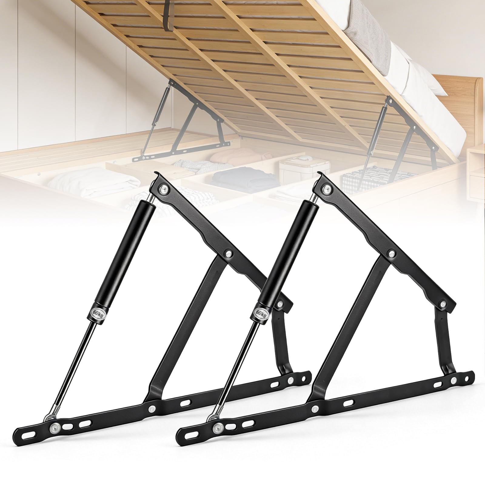 Pneumatische Bett Hebemechanismus 2 Stück Gasdruckfeder für schwere Bettkästen 60 kg Ladekapazität Scharniere Klapp Lift Up Feder Scharniere für Bett Aufbewahrungsbett Box Zubehör Sofa（60KG）
