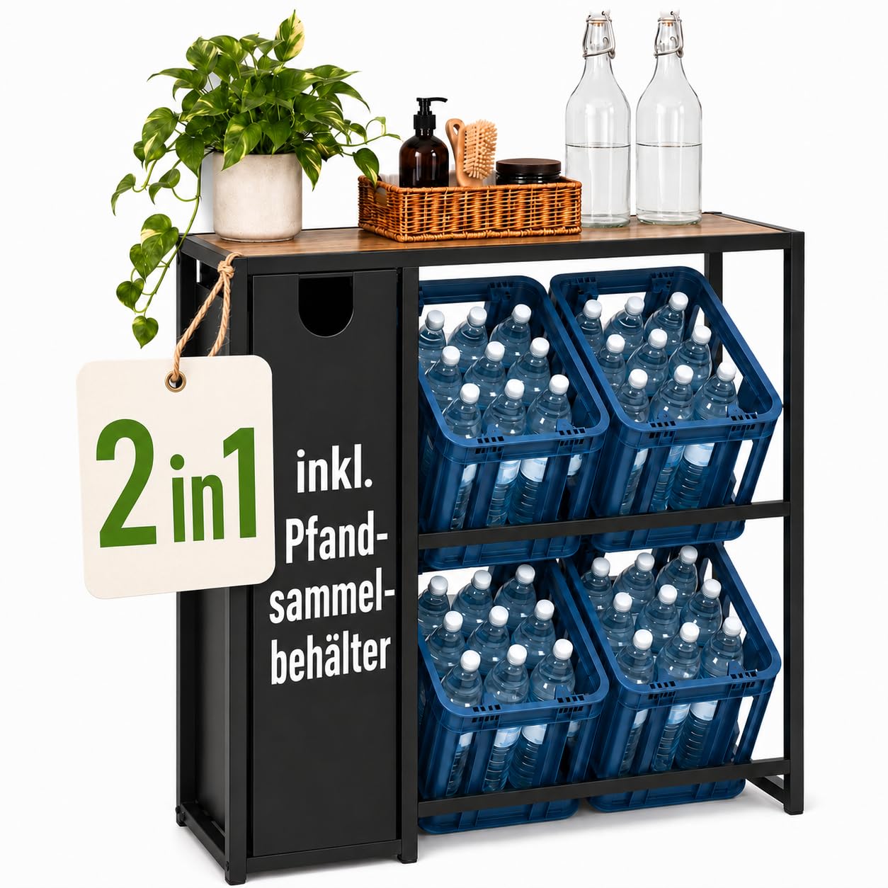 DanDiBo 96703 regał na skrzynki na napoje, 4 skrzynki z półką, butelki na napoje, pojemniki kolekcjonerskie, 2 w 1, metalowy, czarny, 96703, regał na napoje, regał