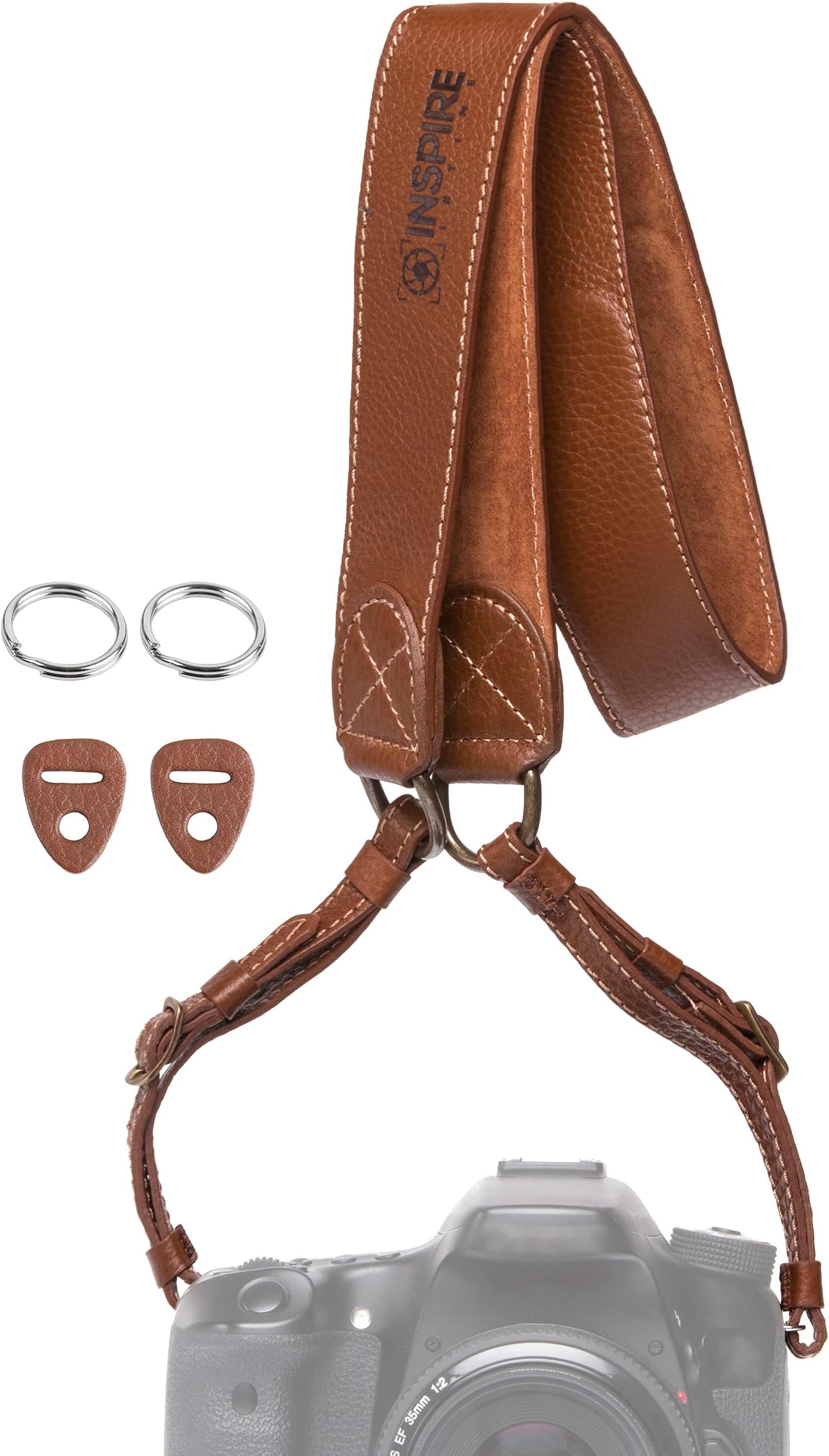 Inspire in Time Camera Neck Strap - Genuine Leather Adjustable Straps Universal Interfaces Mirrorless DSLR Cameras, Nikon, Canon, Sony, Olympus, Panasonic, Fuji & More, Brown