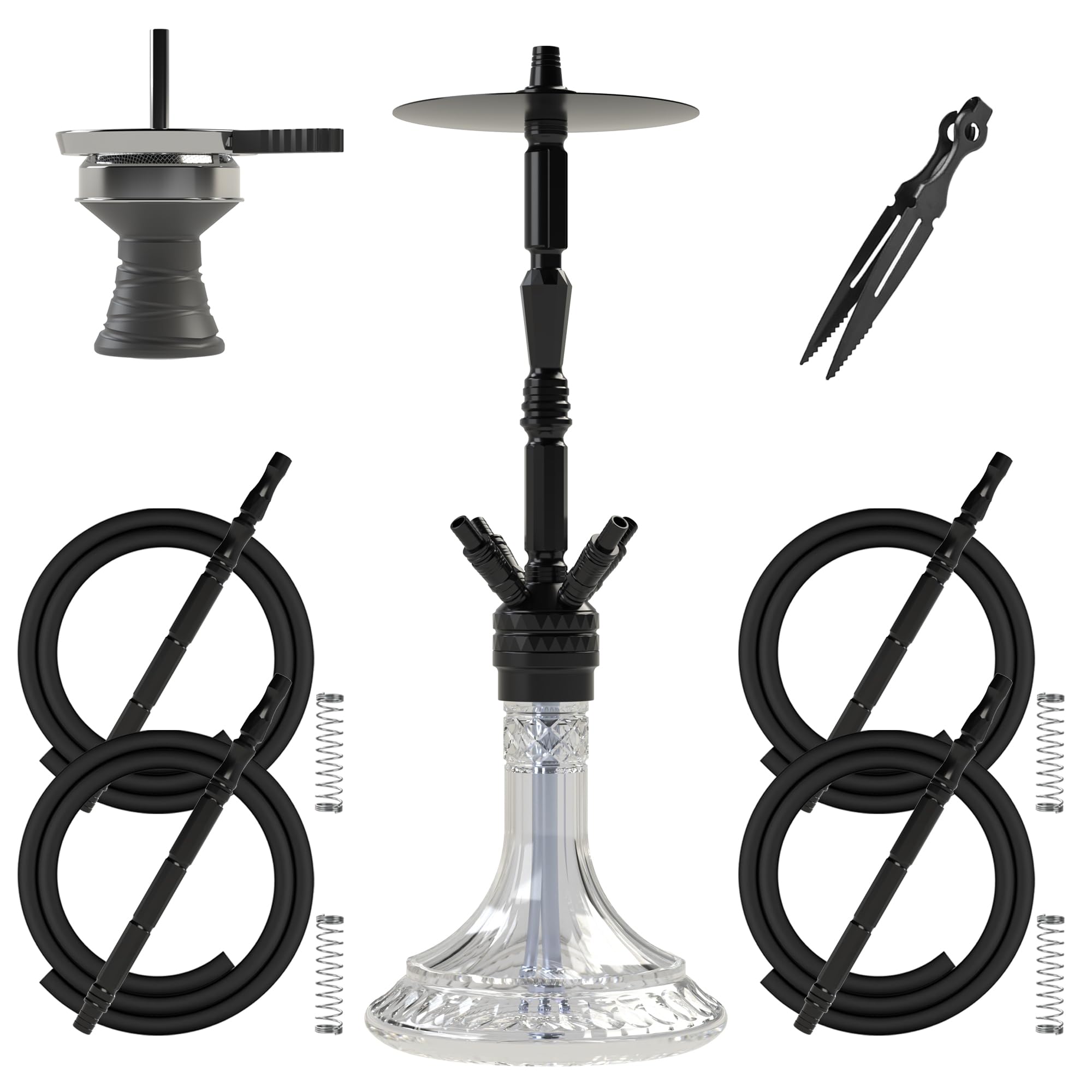 NOBLE HOOKAH 62,6 cm Set de Shisha 4 Conexiones con Cabezal de Narguile Gran Narguile de Tubo de Aluminio con Colador de Melaza de Aluminio, Equipado con 4 Mangueras de Silicona y Asa