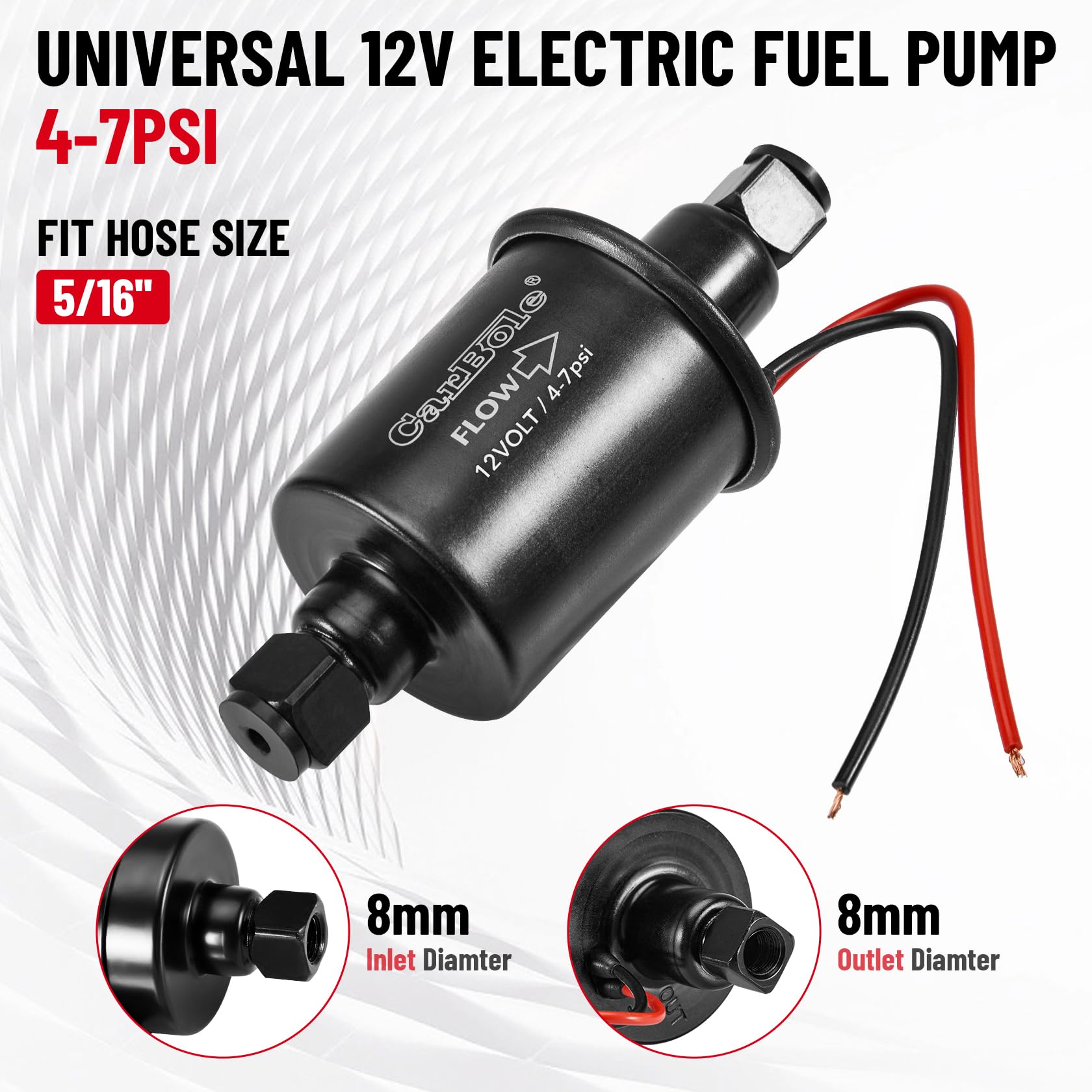 CarBole Elektryczna Pompa Paliwowa 4-7 PSI,Uniwersalna Pompa Benzynowa Pasuje do Oleju Napędowego i Benzyny z Zestawem Instalacyjnym,Drut z Czystej Miedzi,Rozmiar Wlotu i Wylotu 8 mm,Kompatybilna