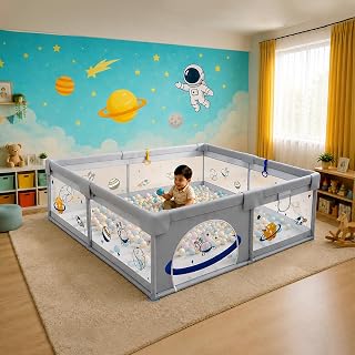Playards|Playpen for Kids up to 4 Years, Spacious 150x180 cm Baby Play Yard with Safety Lock & Hand Grip, Thick Padding & 360° Mesh Visibility, Portable Activity Center for Toddlers - UrbanGrey