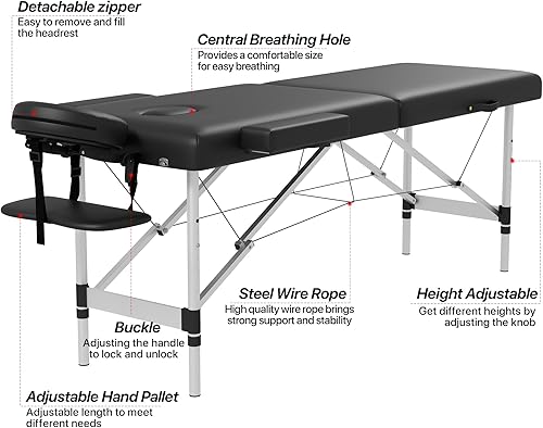 Miniatura 8 de Mesa de masaje, cama de masaje plegable portátil de 2 secciones, cama de spa de pestañas ajustable en altura con base facial, cama de salón facial