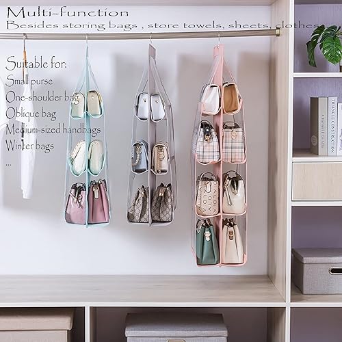 Vista 7 de MURRI&MURRDI Paquete de 2 organizadores de bolsos colgantes para armario, soporte de almacenamiento de bolso con 8 bolsillos de PVC transparente