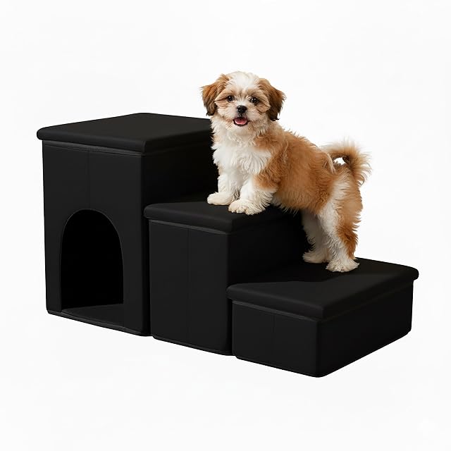 Relaxdays Escalera para Perros Plegable, 3 peldaños, Cueva y Almacenamiento, 43x75x33 cm, Negro