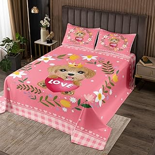 Erosebridal Kids Dog Twin Quilt Set Puppy Animal Coverlet Set, Cartoon Love Print Bedding Geometry Grid Checkered Bedspread Set, Colorful Flowers Bed Quilt Breathable, Pink