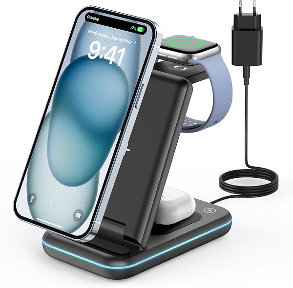 Vista detallada de la estación de carga JoyGeek 3 en 1 mostrando la superficie de carga inalámbrica para iPhone, Apple Watch y AirPods.