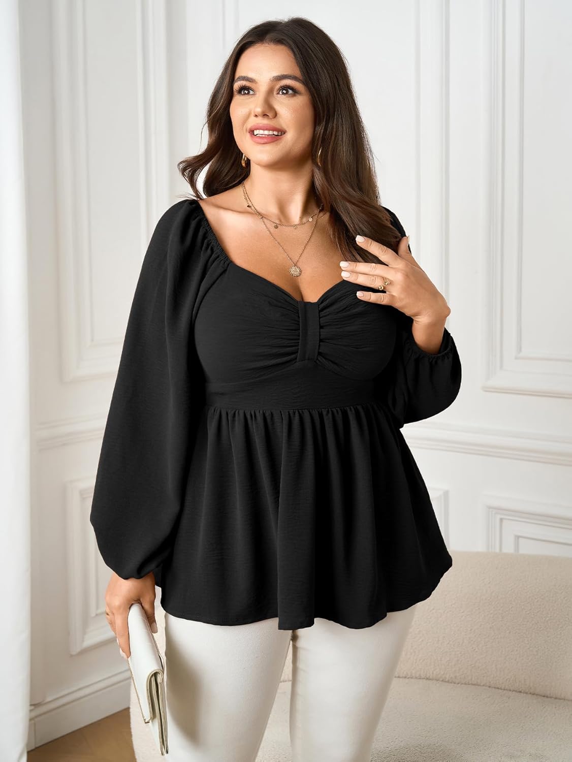 SCOMCHIC Women's Plus Size Blouses Long Sleeve Sweetheart Neckline Babydoll Ruffle Peplum Smocked Cute Casual Fall Tops - Image 2