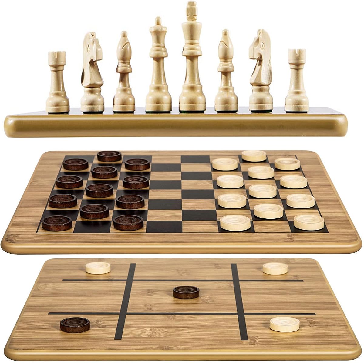 Wooden Chess Checkers Tic-Tac-Toe Game Set 11.5" x 11.5" Double-Sided 3 in 1 Board with 34 Chess Pieces - 2 Extra Queens - 24 Interlocking Checkers - Storage Bag - Instructions