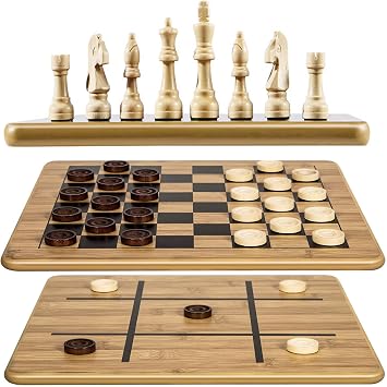 VAMSLOVE Wooden Chess Checkers Tic-Tac-Toe Game Set 11.5" x 11.5" Double-Sided 3 in 1 Board with 34 Chess Pieces - 2 Extra Queens - 24 Interlocking Checkers - Storage Bag - Instructions