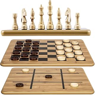 VAMSLOVE Wooden Chess Checkers Tic-Tac-Toe Game Set 11.5" x 11.5" Double-Sided 3 in 1 Board with 34 Chess Pieces - 2 Extra Queens - 24 Interlocking Checkers - Storage Bag - Instructions