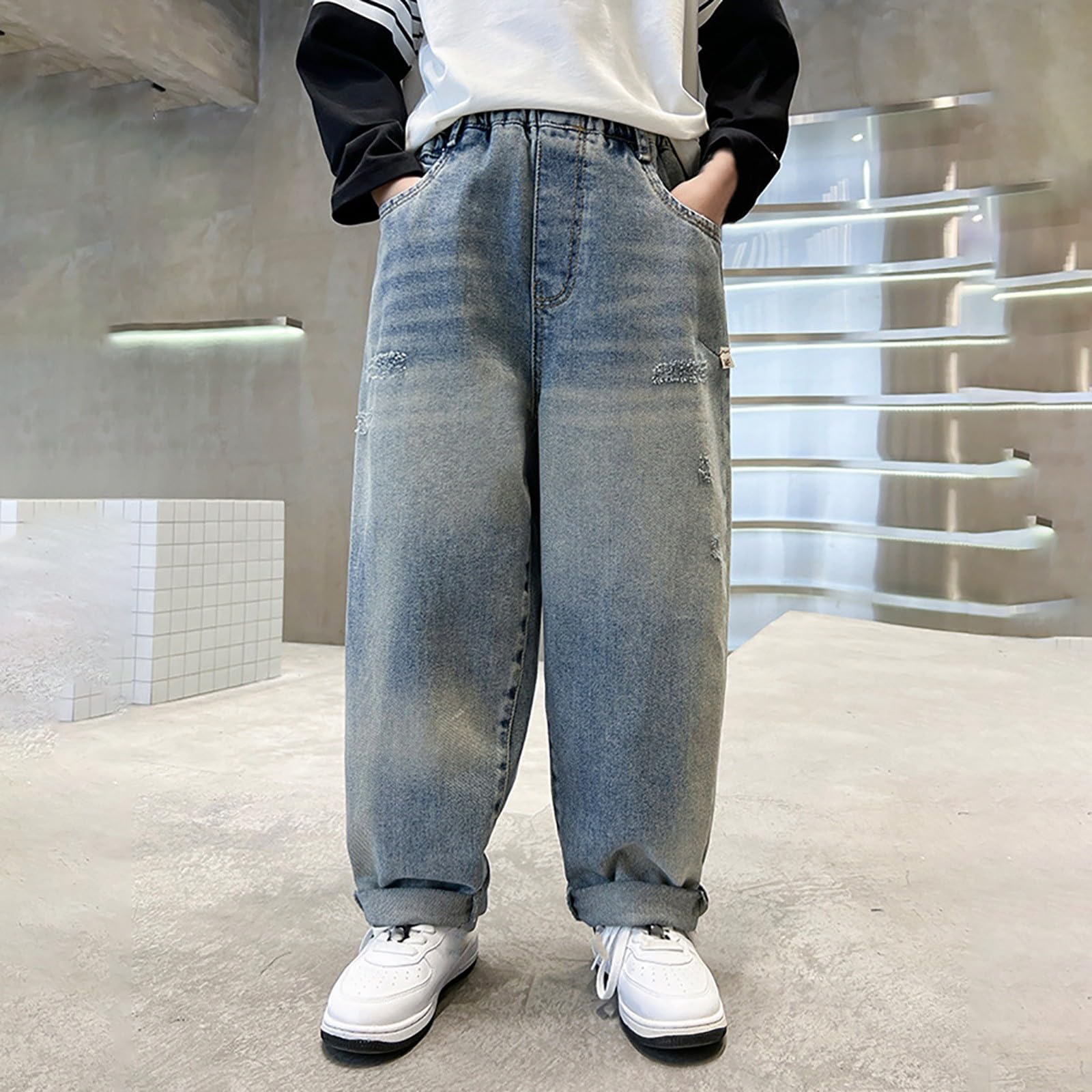 Vaqueros para Niño, Pantalones Vaqueros de Verano Diseño Holgado y Recto para Niños con Múltiples Bolsillos Estilo Urbano Cómodo