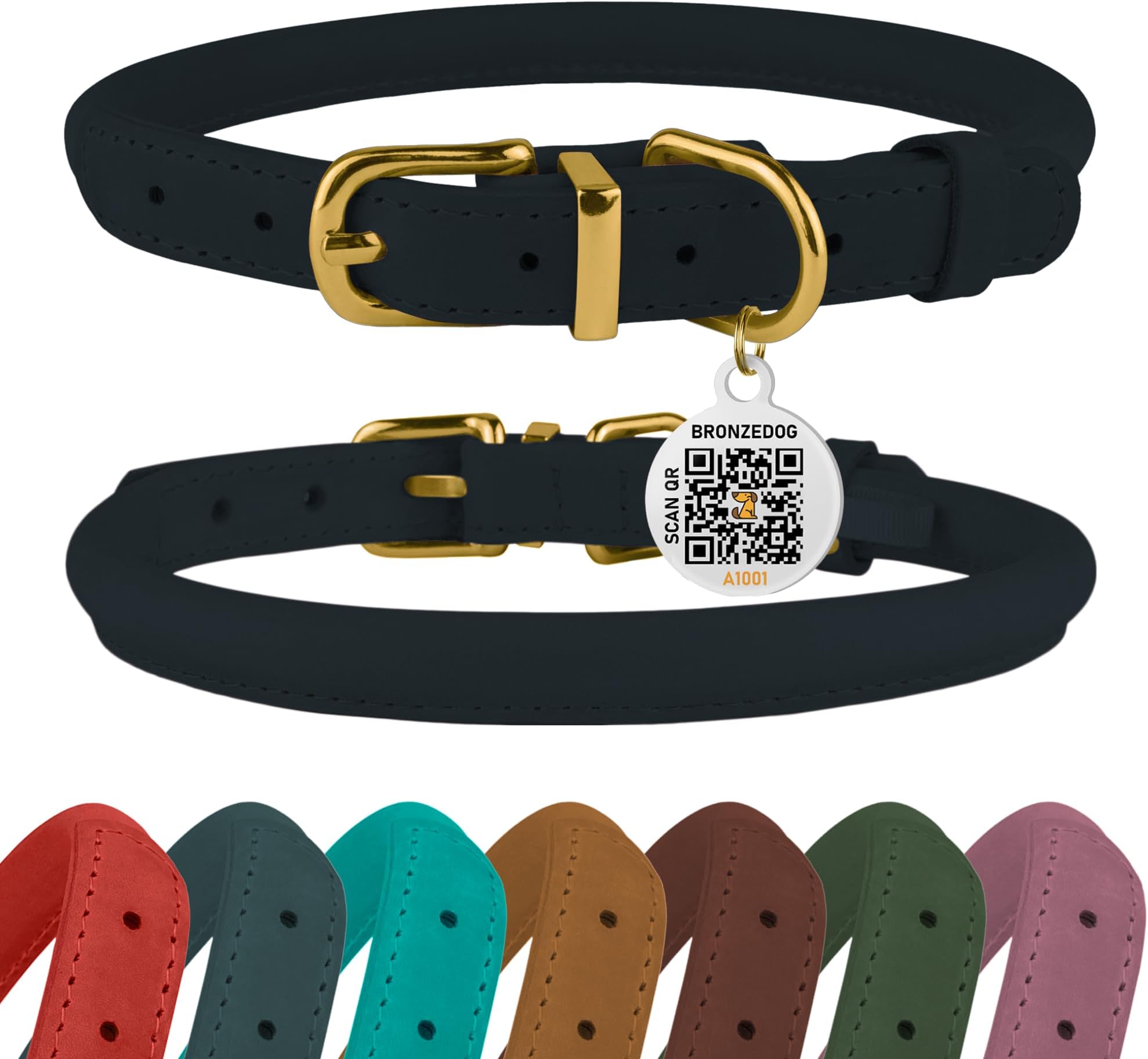 BronzeDog Rolled Leather Dog Collar with QR ID Tag, Adjustable Soft Round Collars for Small Medium Large Dogs Puppy (11" - 14 1/86" Neck Size, Blush)