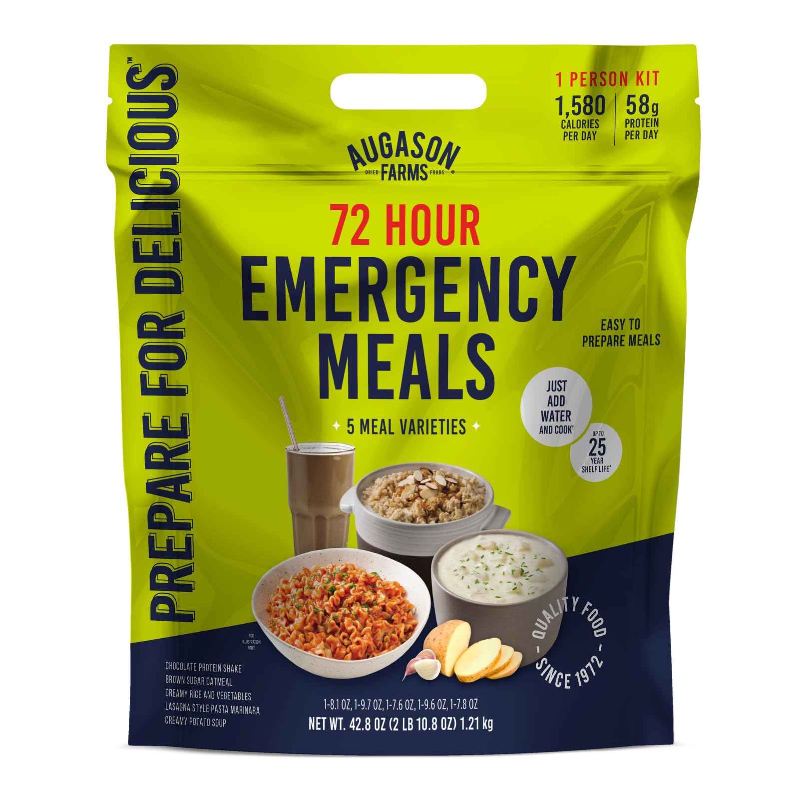 Augason Farms 72 Hour Emergency Food Supply Kit, Dehydrated Meal Survival Food Pouches for 1 Person - 26 Servings