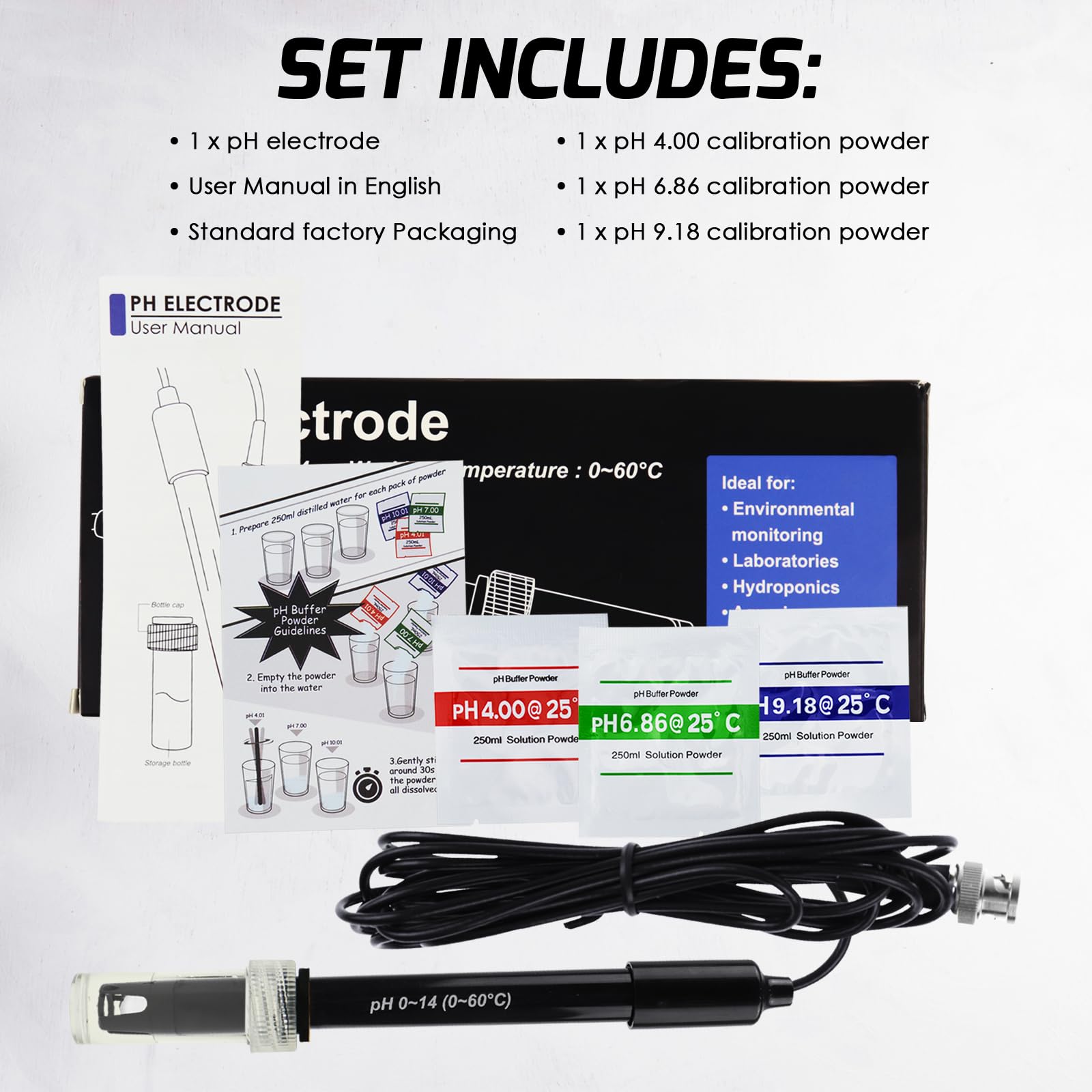 Kit De Remplacement Pour Aquarium Hydroponique Plante Piscine Spa 0-14 Sonde D'électrode De Ph Connecteur Bnc, Câble De 300 Cm Pour Capteur De Test De Contrôleur De Moniteur De Ph (BNC pH Electrode)