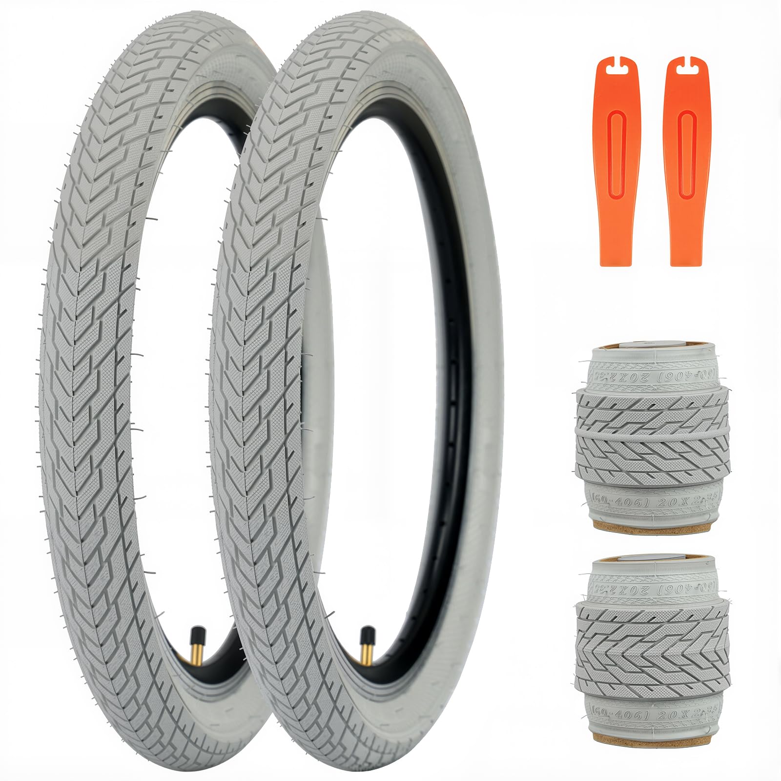 ZUKKA 20 x 2.35 Bike Tire 1/2 Pack 20 inch x 2.35 BMX Bike Tire Folding Replacement Tire for MTB Mountain Bike, BMX Bicycle Commuter Bike (Grey, 2 Tires+2 Levers)