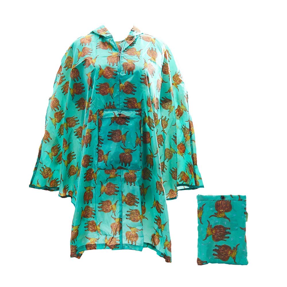 Eco Chic Foldable Waterproof Lightweight Adult Poncho Green Highland Cow