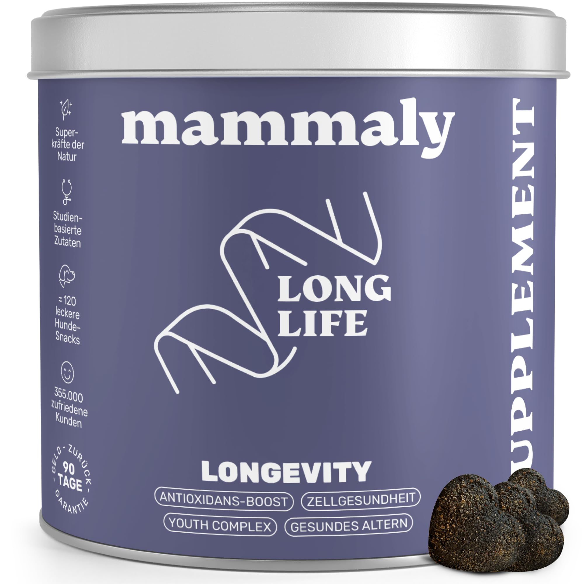 mammaly Long Life® Zellpower-Komplex für Hunde mit Taurin (120 Snacks) | Reicht ≈60 Tage - für Alterung & Vitalität - ohne Huhn - mit Naturmoor, Kokosfett - mit Tierärzten entwickelt