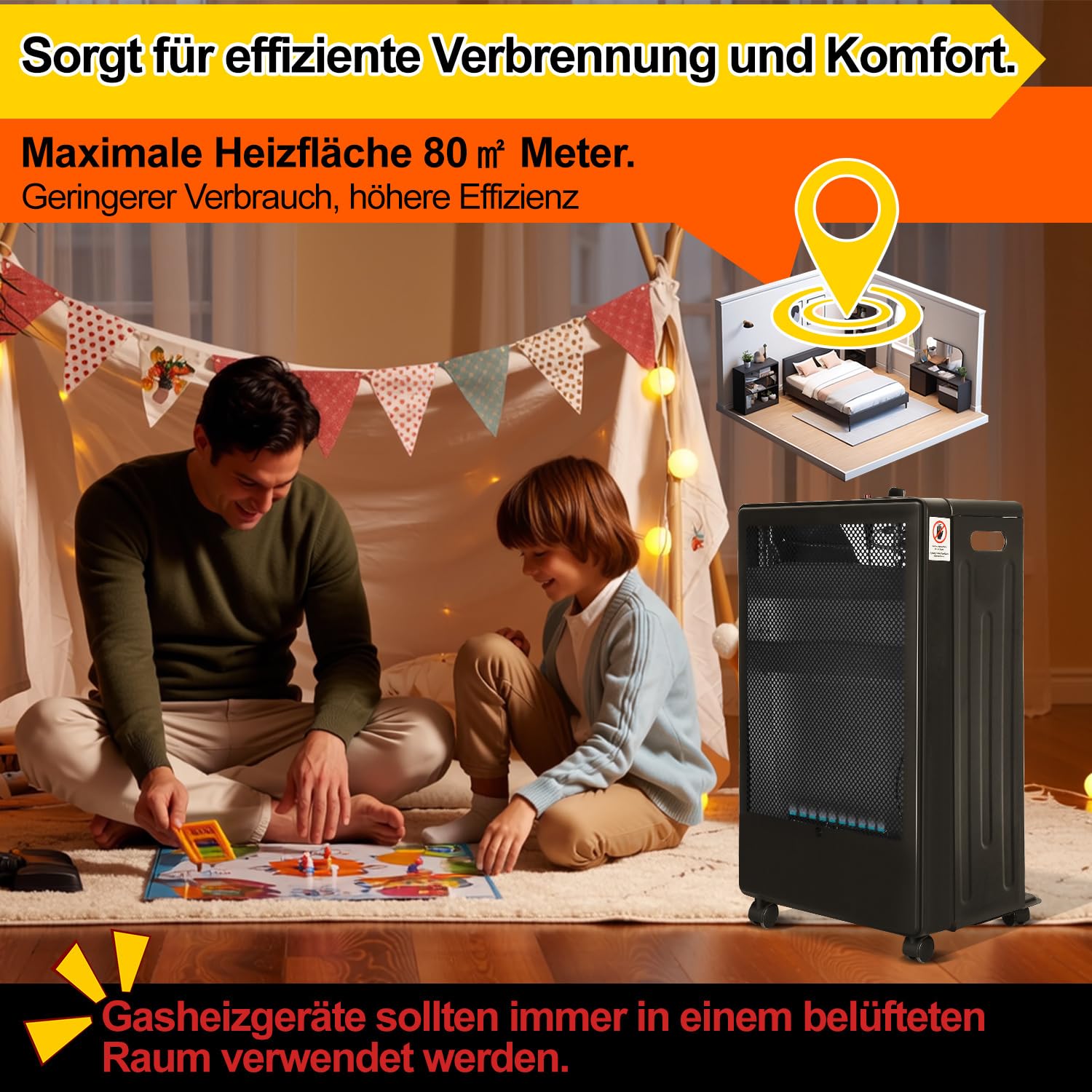 Gasheizer 3800 Watt Gas Heizstrahler inkl. Gasdruckregler Gasschlauch, Gasheizofen Gasheizgerät, Gasheizung für Innenräume, für Gasflaschen bis 15kg