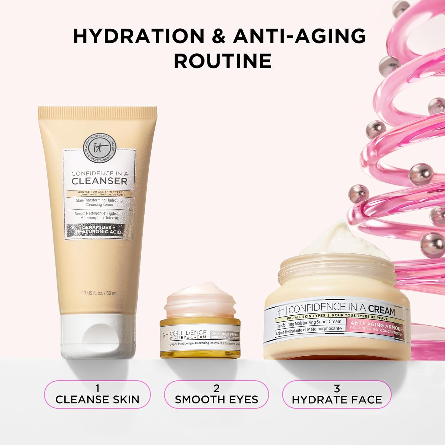 IT Cosmetics Unwrap Healthy Hydration Anti-aging Skincare Set, 3-Pc Holiday Giftset for Her - Confidence in a Cream Face Moisturizer (Full Size) & Gentle Facial Cleanser & Smoothing Eye Cream - Image 2