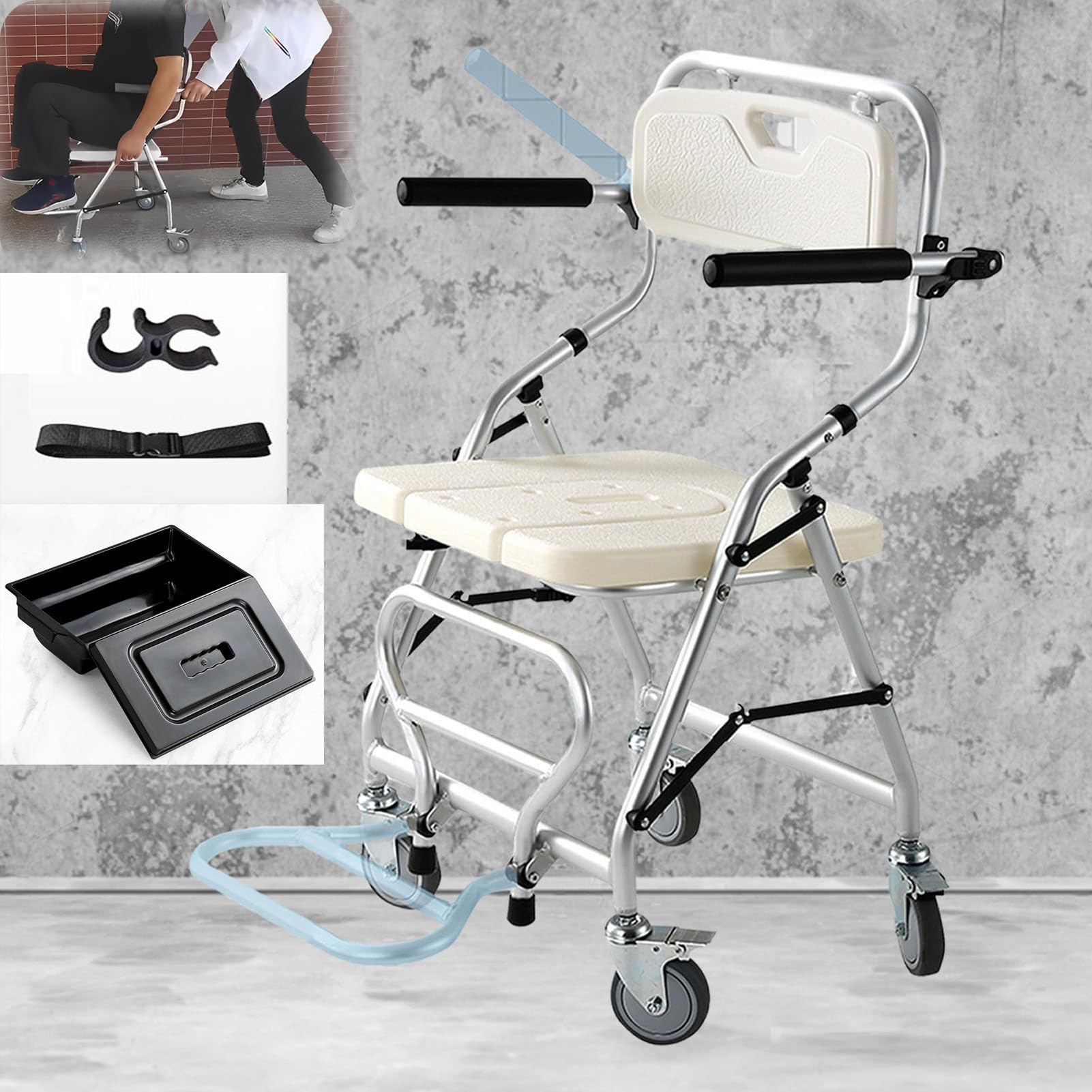 Gthtuhfd 1 Folding Commode Chair With Wheels And Brakes, Mobile Bath Chair For Elderly And Disabled, Adjustable Armrests And Backrest For Bedside Toilet Use