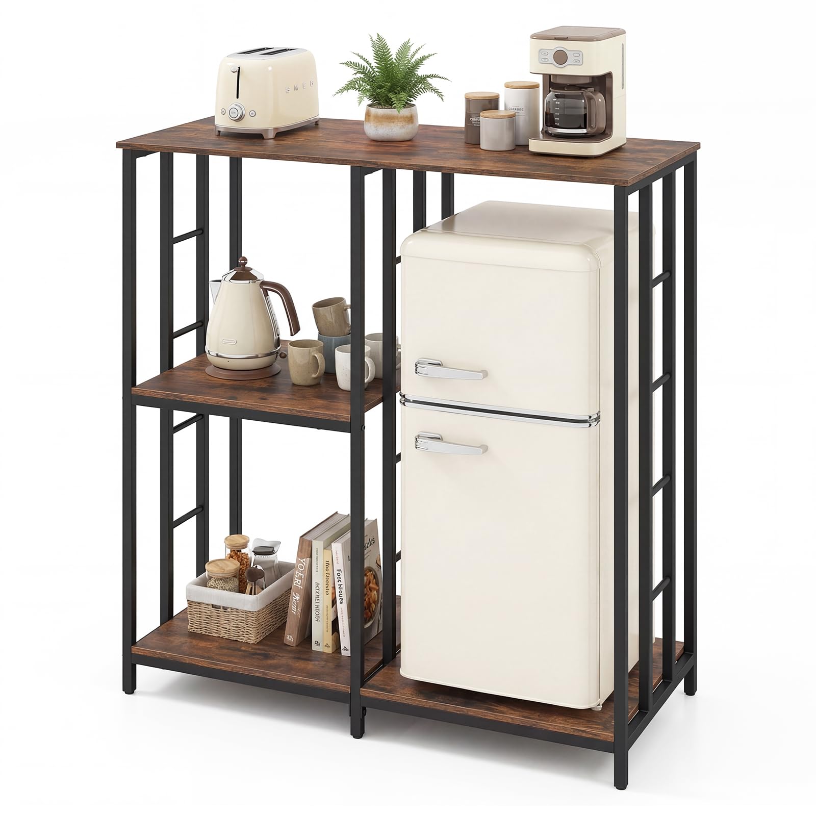 COSTWAY Kitchen Baker's Rack, Freestanding Microwave Stand Table with 4 Storage Shelves, Industrial Utility DIY Shelving Unit Display Rack for Kitchen, Living Room, Dining Room (for Mini Fridge)