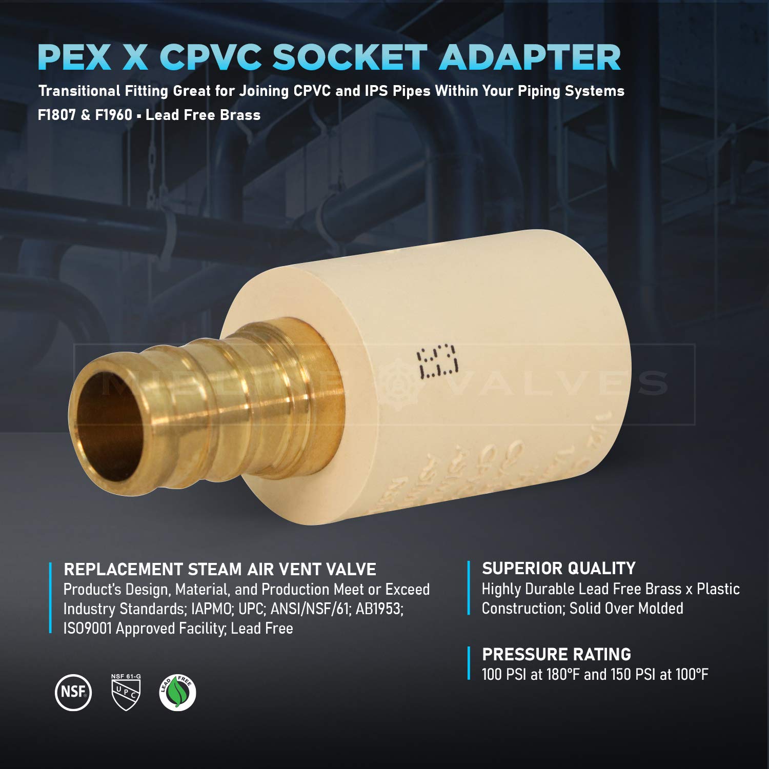 Midline Valve CSDQQG034-OM-5 Lot de 5 raccords de tuyau en laiton sans plomb PEX cannelé x CPVC 3/4"