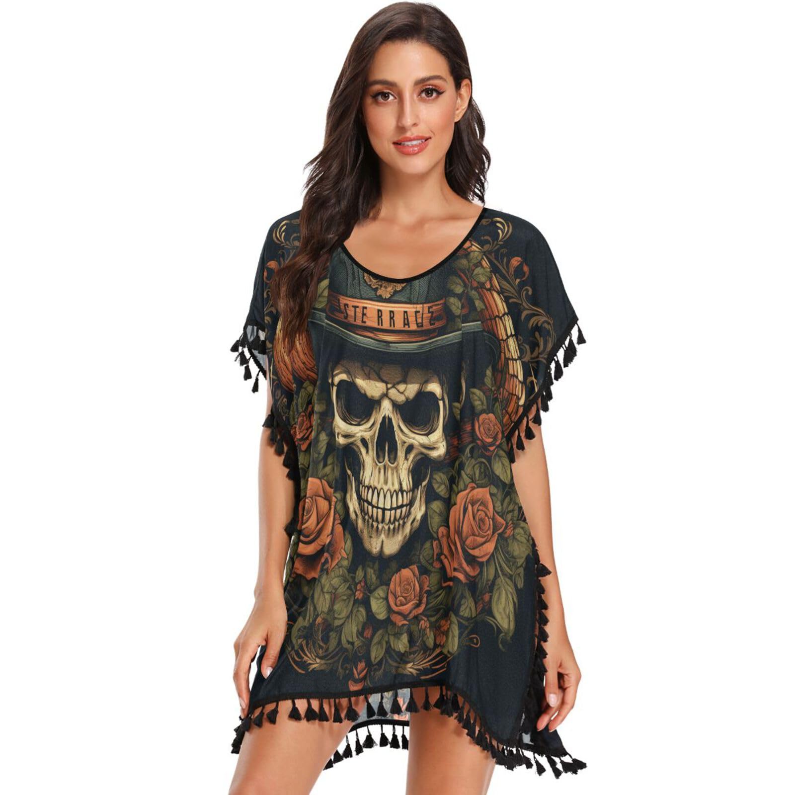KAAVIYO Pink Skull Snake Rose Women's Beach Cover Up Chiffon Tassel Swimwear Swimsuit Coverups for Girl