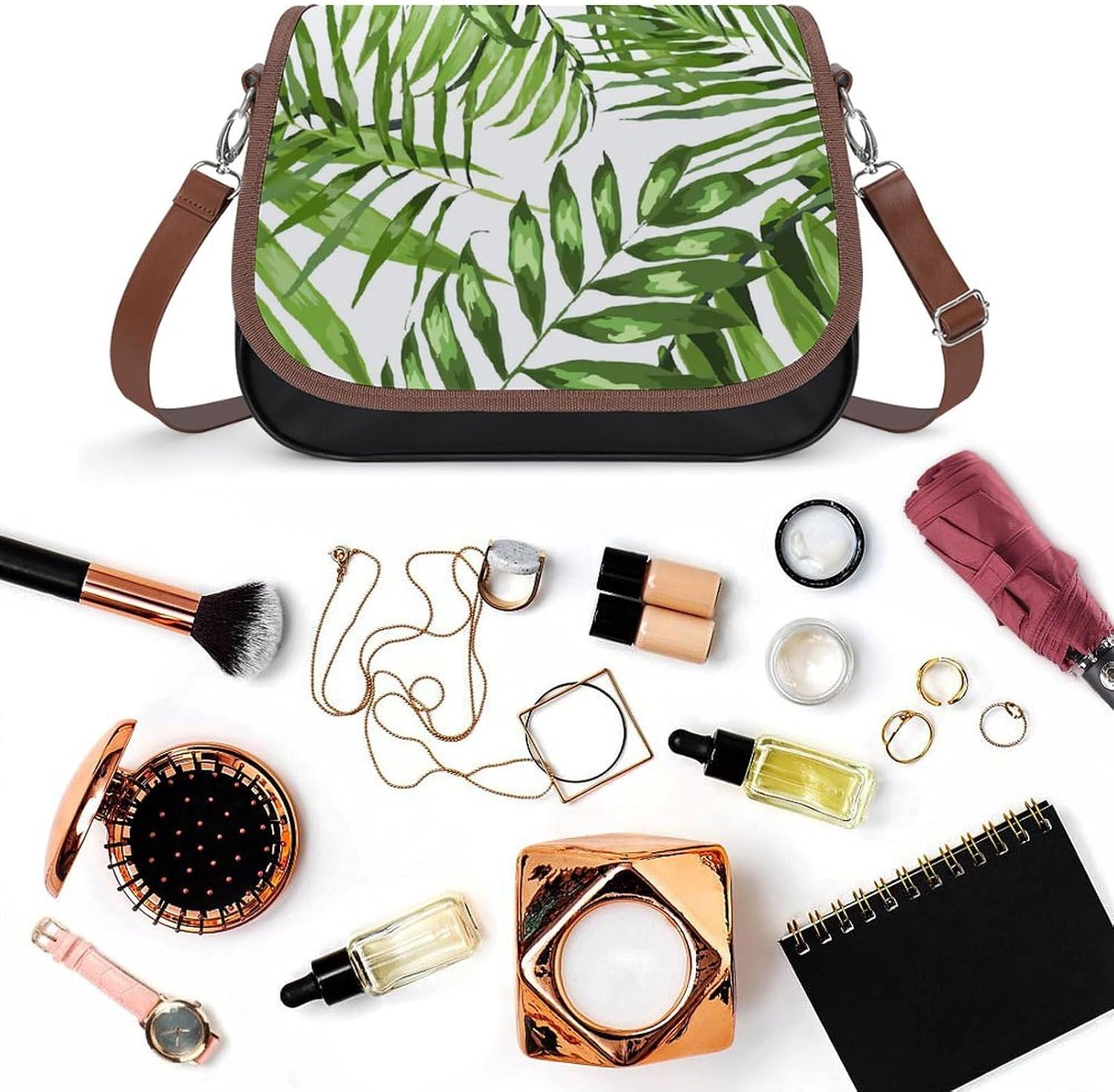 Tropical Leaves PalmsWomen's Faux Leather Crossbody Bag, Waterproof Wrinkle-Resistant Shoulder Bag with Detachable Strap, Large Capacity Casual Handbag, Fashion Daily Purse for Shopping Work Dating, I