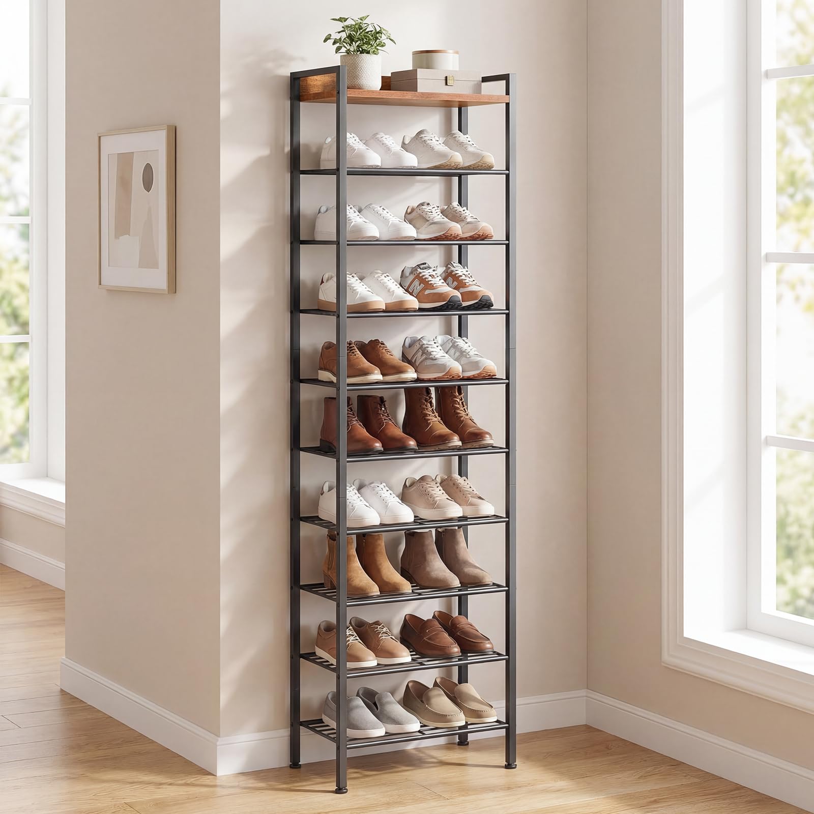 HOOBRO Estantería para Zapatos de 10 Niveles, Zapatero con Baldas Extraíbles, Estante Zapatero Estrecho para Recibidor, Vestíbulo o Sala, Marrón Vintage y Negro EBF11XJ01
