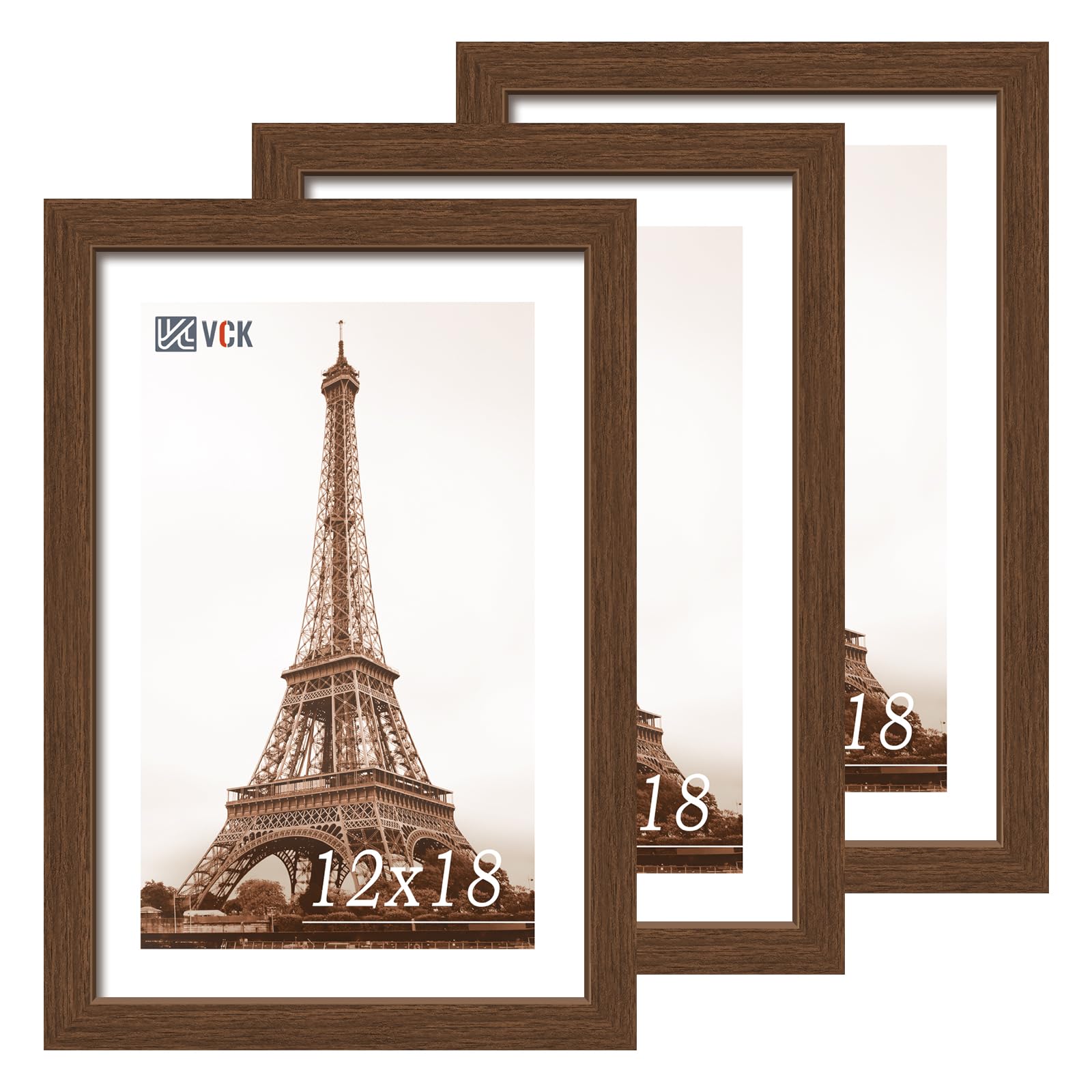 VCK 12x18 Frames 3 Pack, Brown Poster Frame MDF Wood with Polished Plexiglass, Wall Mounting Horizontal & Vertical Display