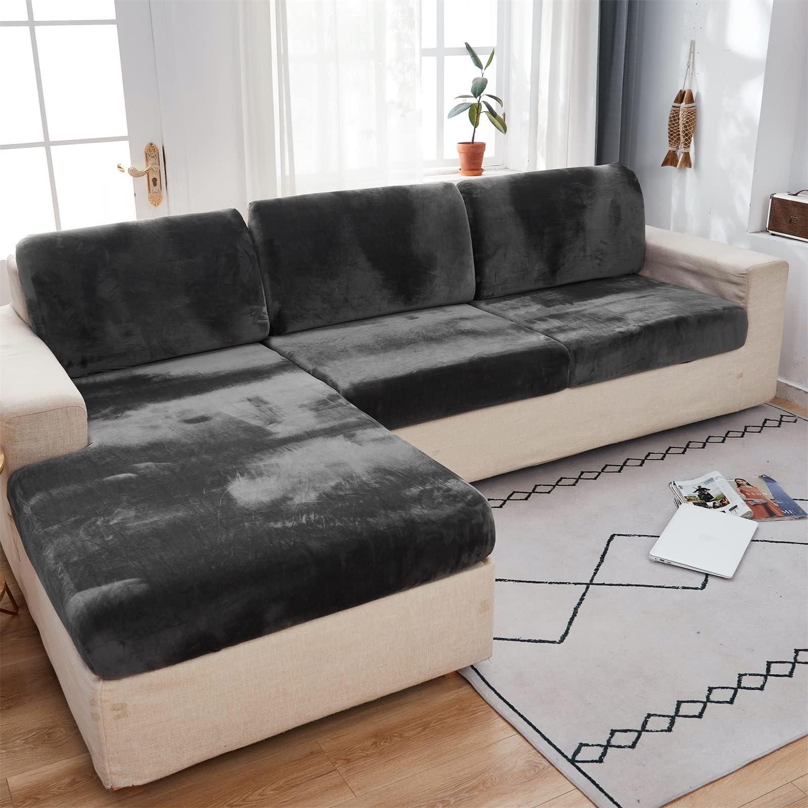 ele ELEOPTION Velvet Couch Covers Slipcover Elastic Sofa L Shape Furniture Protector Cover for Living Room (Length25-37inch, Width 25-37inch, Large Single Seat Cover) Velvet Dark Grey