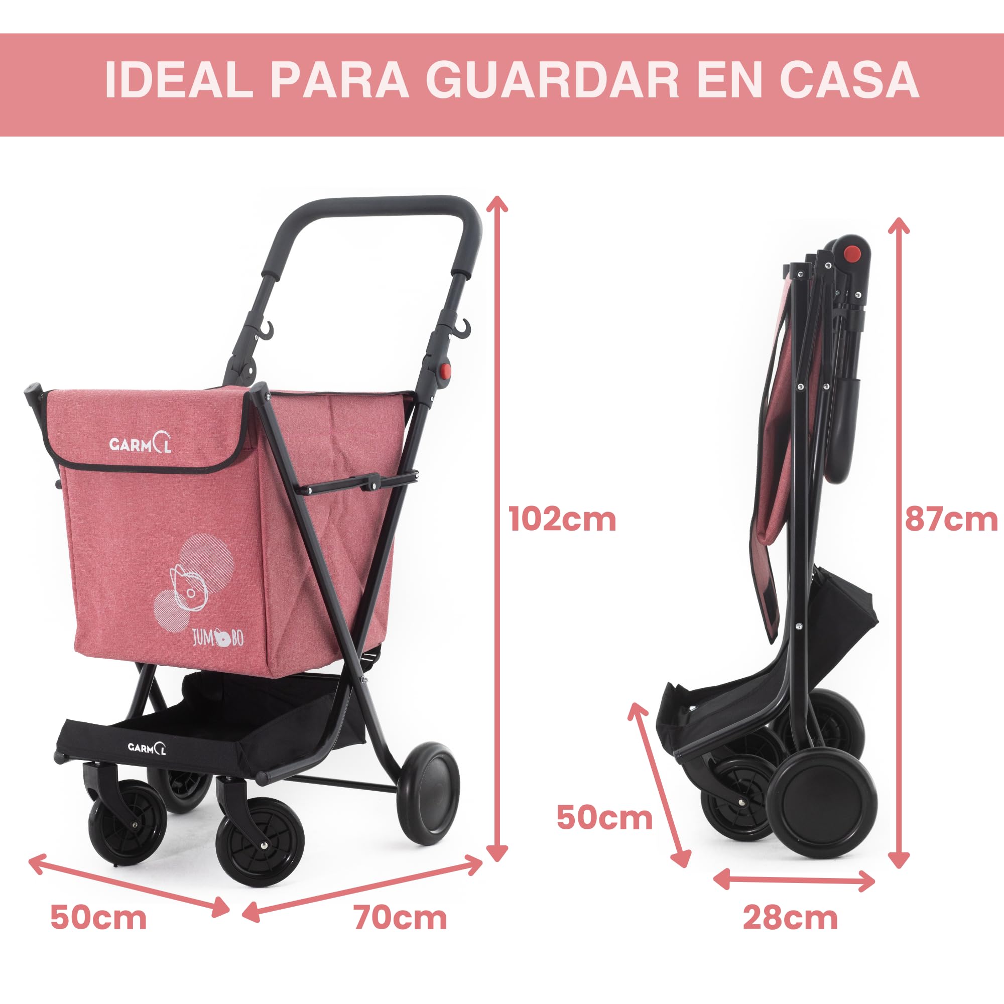 GARMOL Carro de la Compra Plegable 66 litros | Carro de la Compra 4 Ruedas Gran Capacidad | Carrito Compra 4 Ruedas Plegable Color Rojo